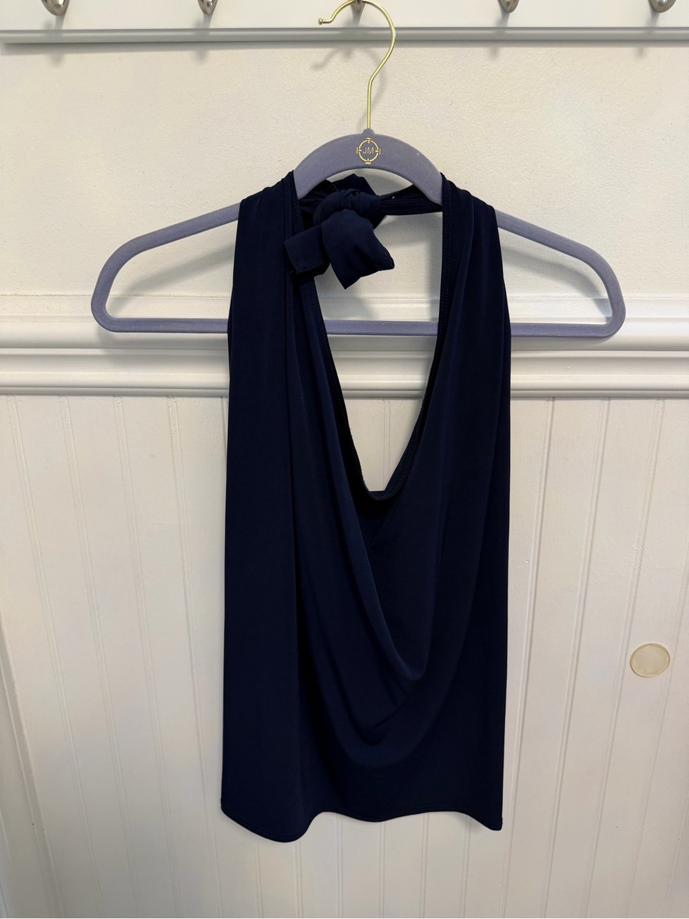 Y2K Style Navy Halter Drape Neck Blouse - Women